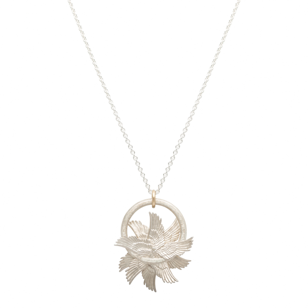 Flügel Anhänger mit 2 cognac Brillanten aus Sterling Silber mit Gelbgoldöse